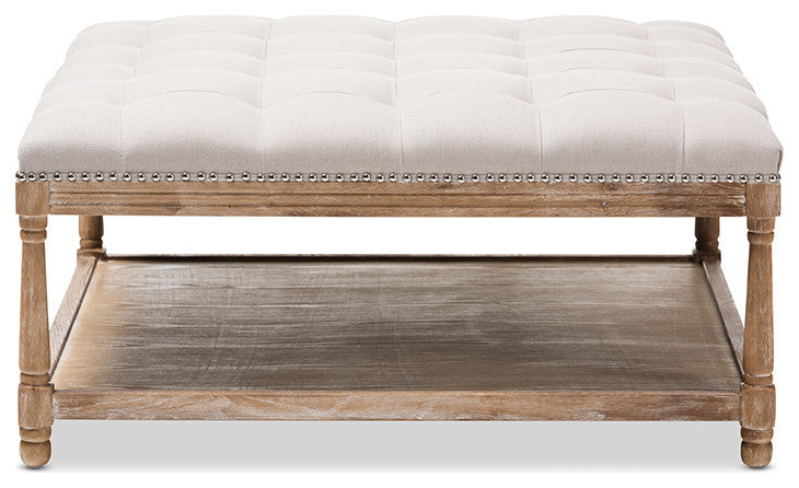 Carlotta French Country Weathered Oak Beige Linen Square Coffee Table Ottoman