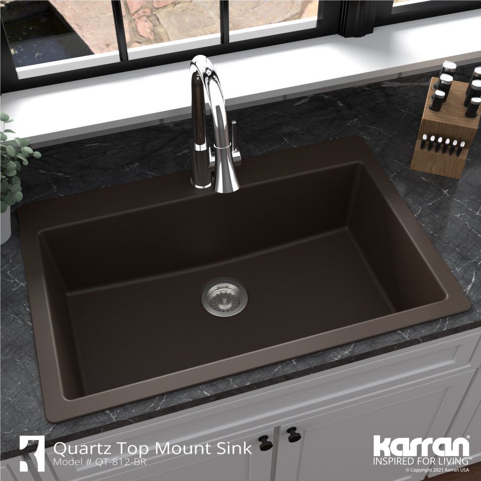 Karran QT-812 Top Mount 33" Large Single Bowl Quartz Kitchen Sink, Brown