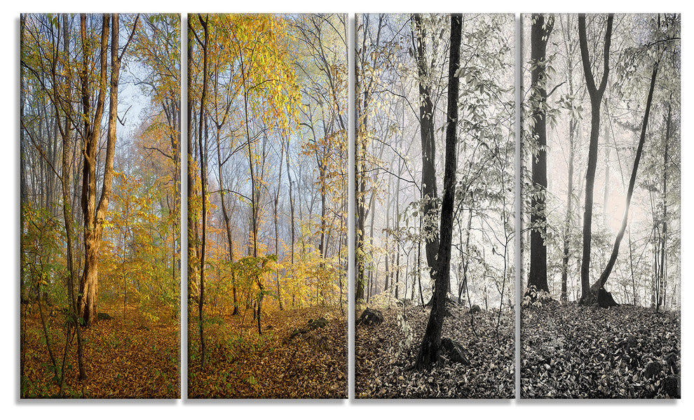 Yellow Morning in Forest Panorama, Landscape Canvas Art Print, 48"x28", 4 Panels