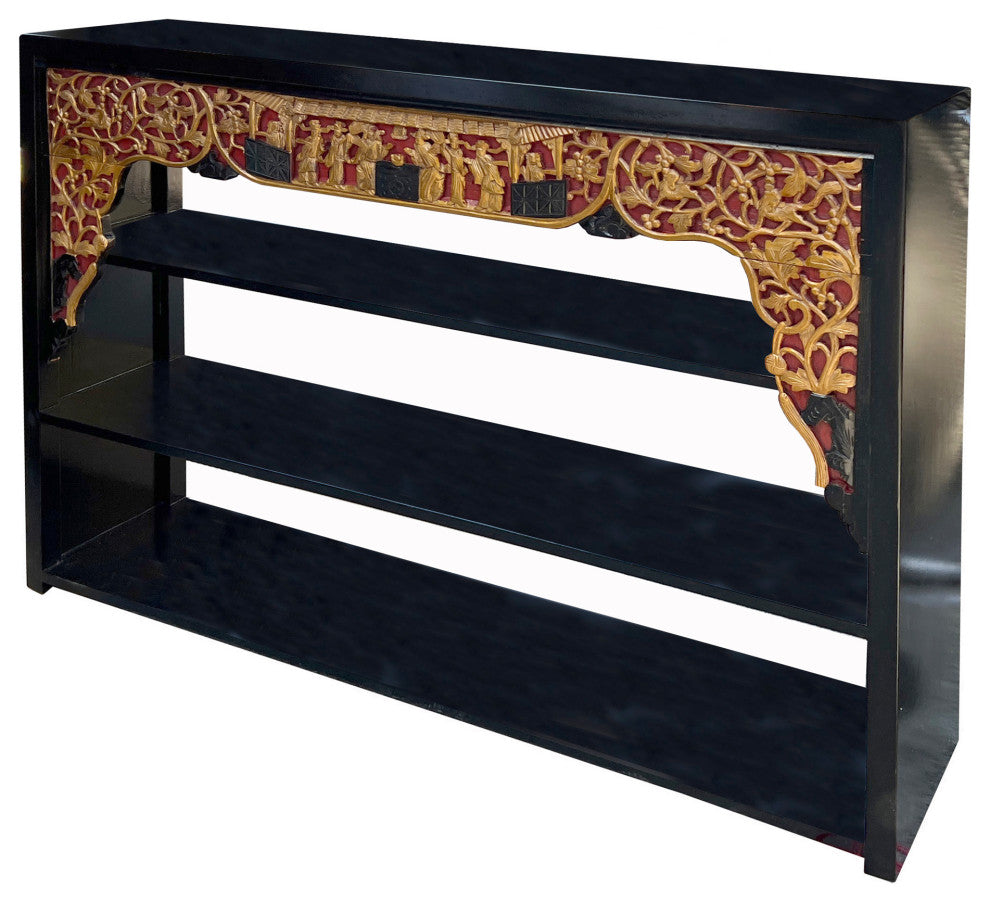 Chinese Black Golden Carving Rectangular Curio Display Stand Side Table Hcs7642