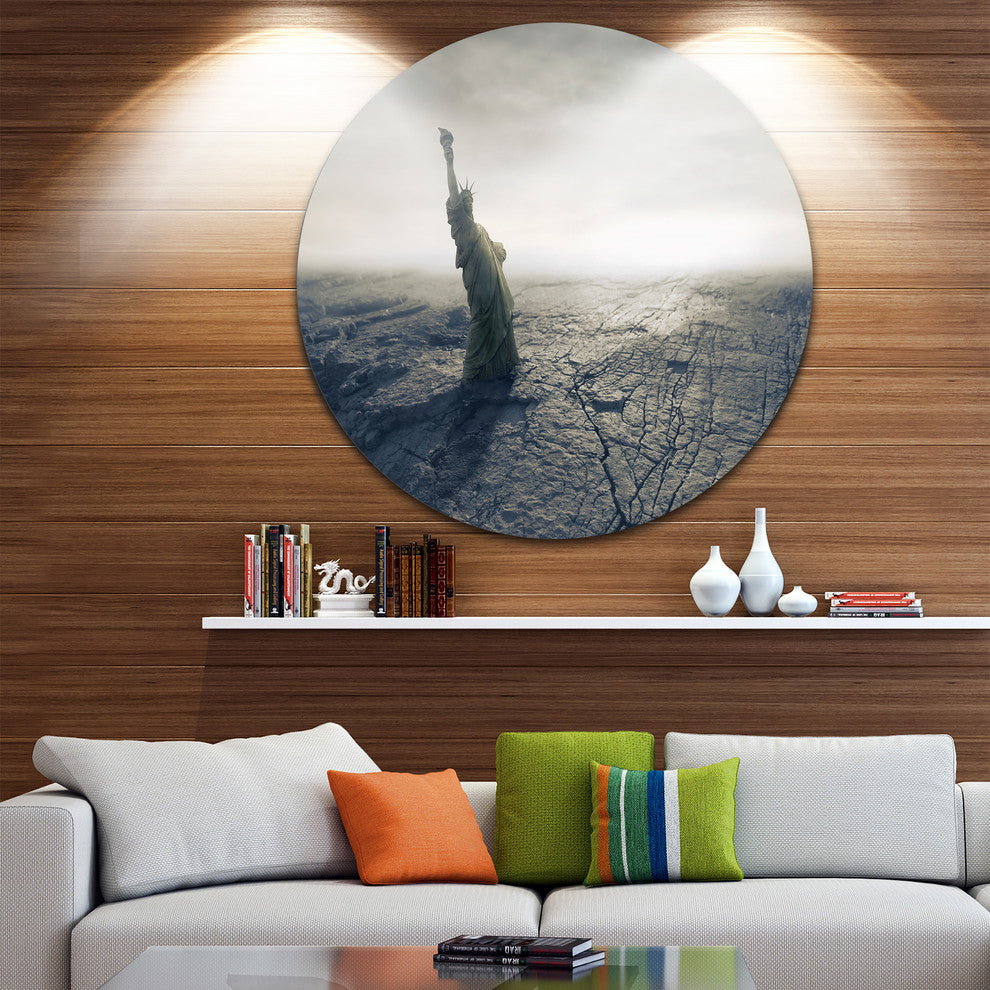 Statue Of Liberty In Dried Field, Landscape Disc Metal Wall Art, 11"