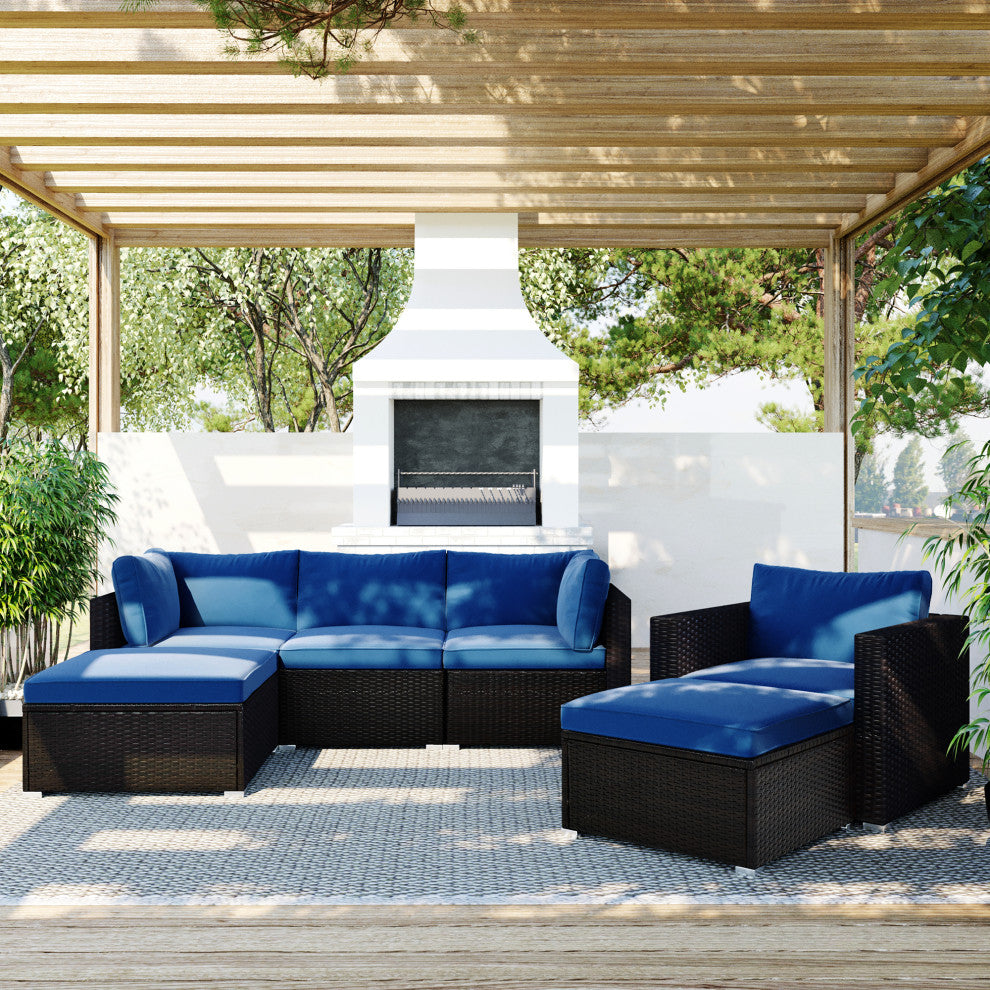 6 Pieces Outdoor Rattan Patio Sectional Sofa Set With Glass Table