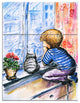 Little Boy and Cat Watching City, Modern Portrait Canvas Art, 28x36, 3 Panels