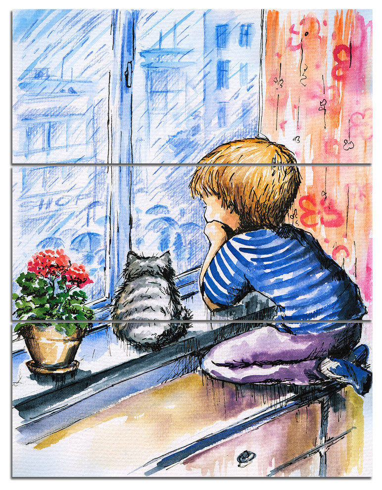 Little Boy and Cat Watching City, Modern Portrait Canvas Art, 28x36, 3 Panels