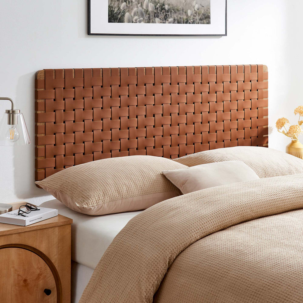 Sparta Weave Wall-Mount Vegan Leather Queen Headboard, Walnut Brown