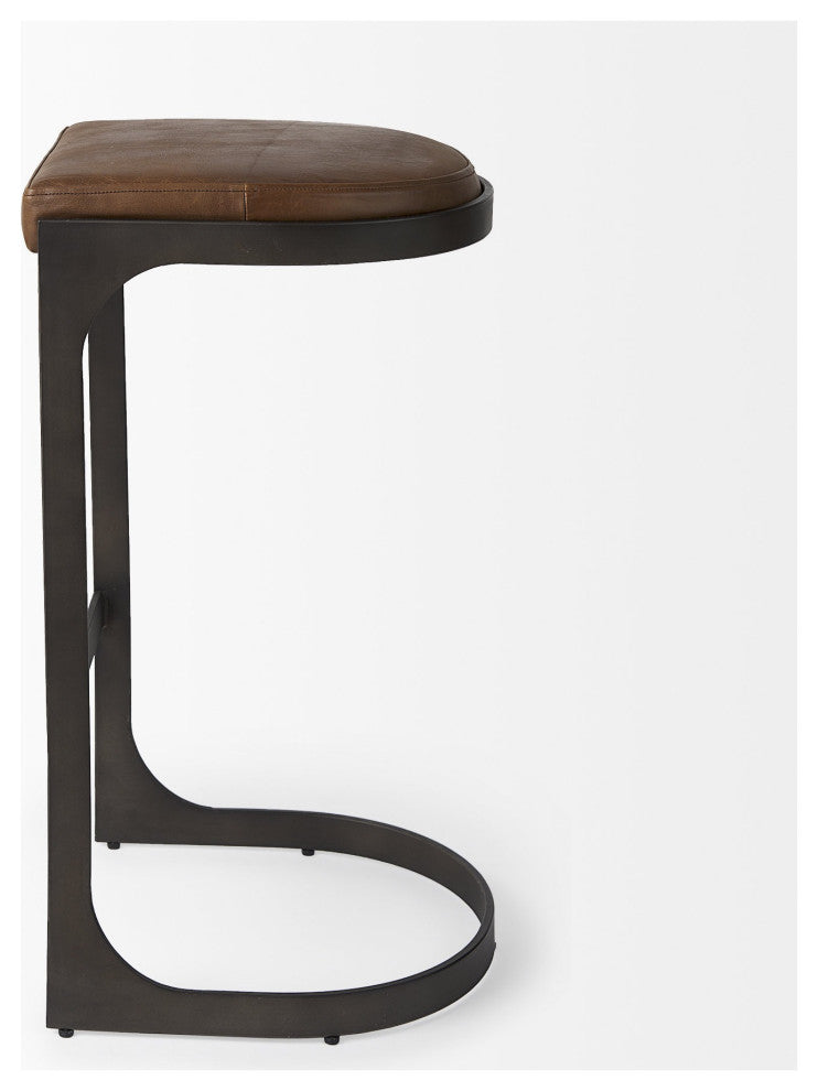 Brown Leather C Shape Metal Bar Stool
