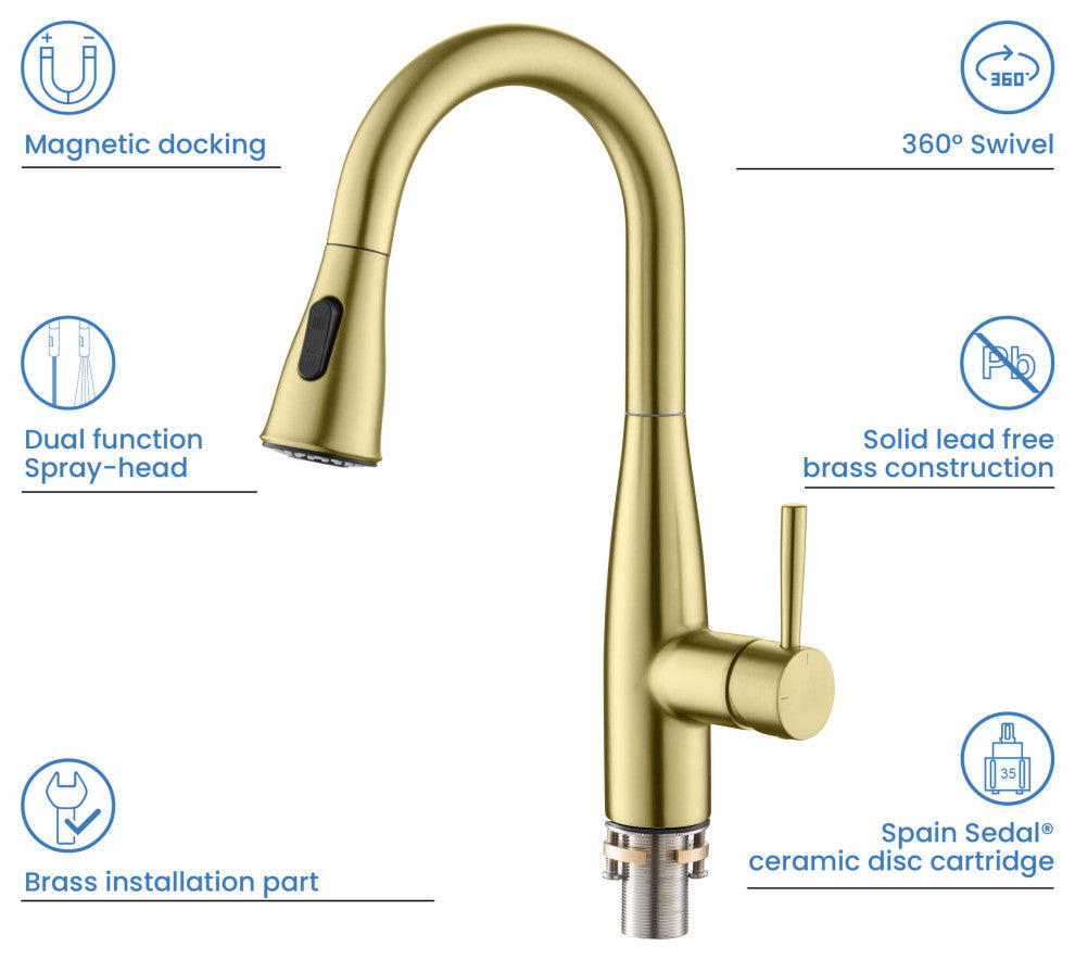 Bari Single Handle Pull Down Kitchen & Bar Sink Faucet, Brushed Gold