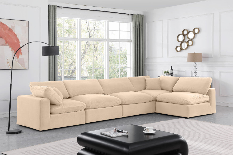 Comfy Upholstered L-Shaped Modular Sectional, Beige, 5-Piece: 3 Armless Chair, 2 Corner Chair, Velvet