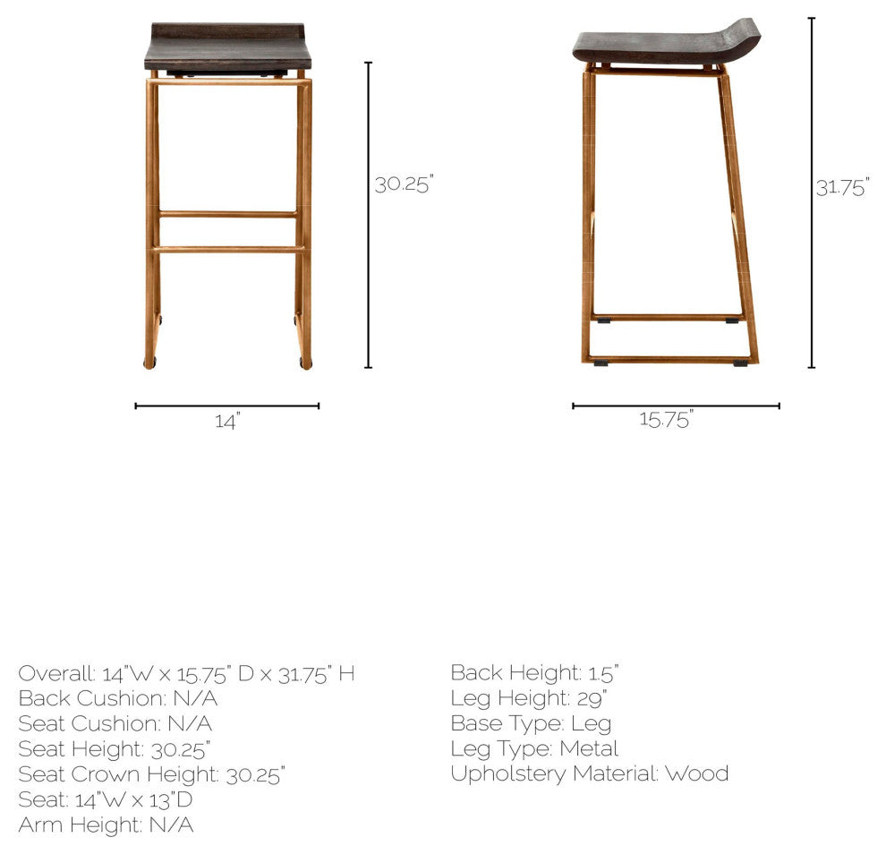 Givens Dark Brown Solid Wood Seat with Gold Metal Frame Bar Stool