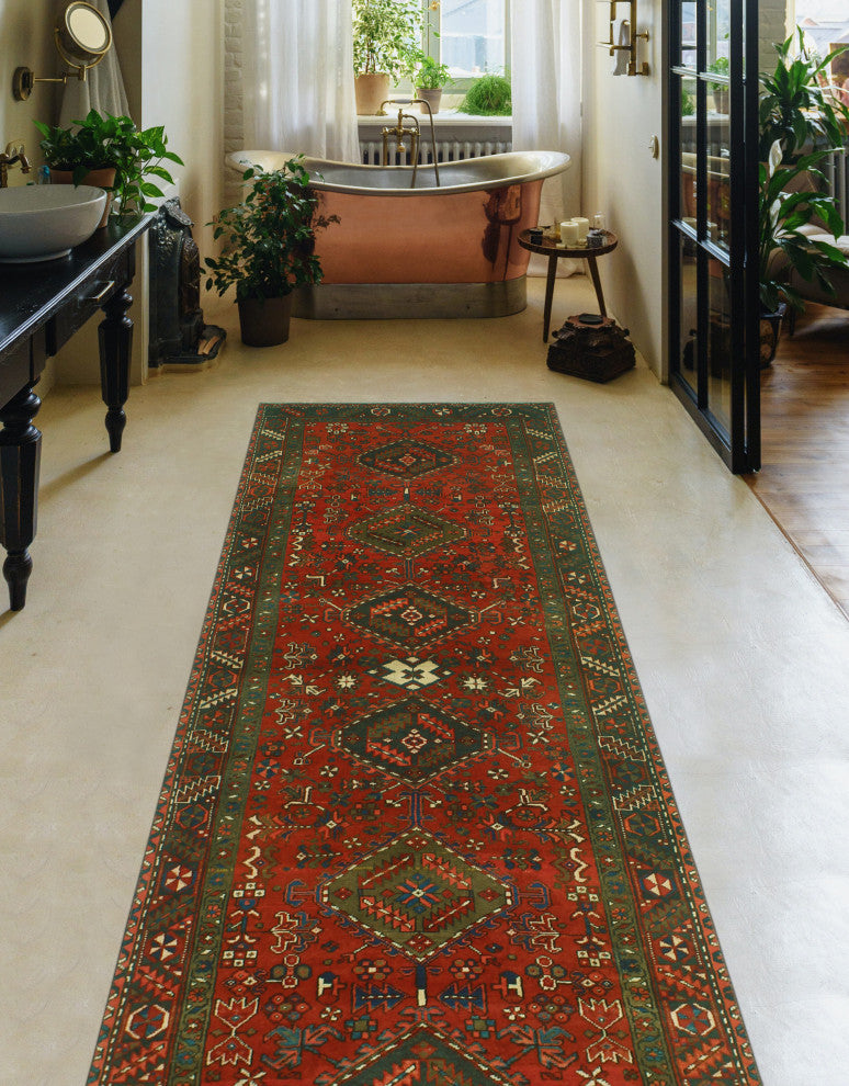 Fine Vintage Distressed Daryl Red/Charcoal Runner, 3'9 x 10'10