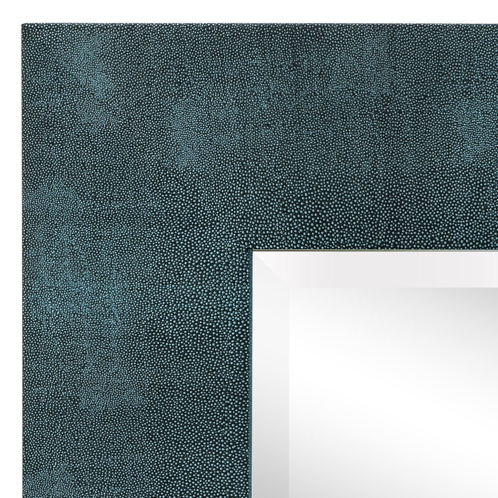 Beveled Wall Mirror, Black on Blue Metallic Shagreen Leather Framed Mirror