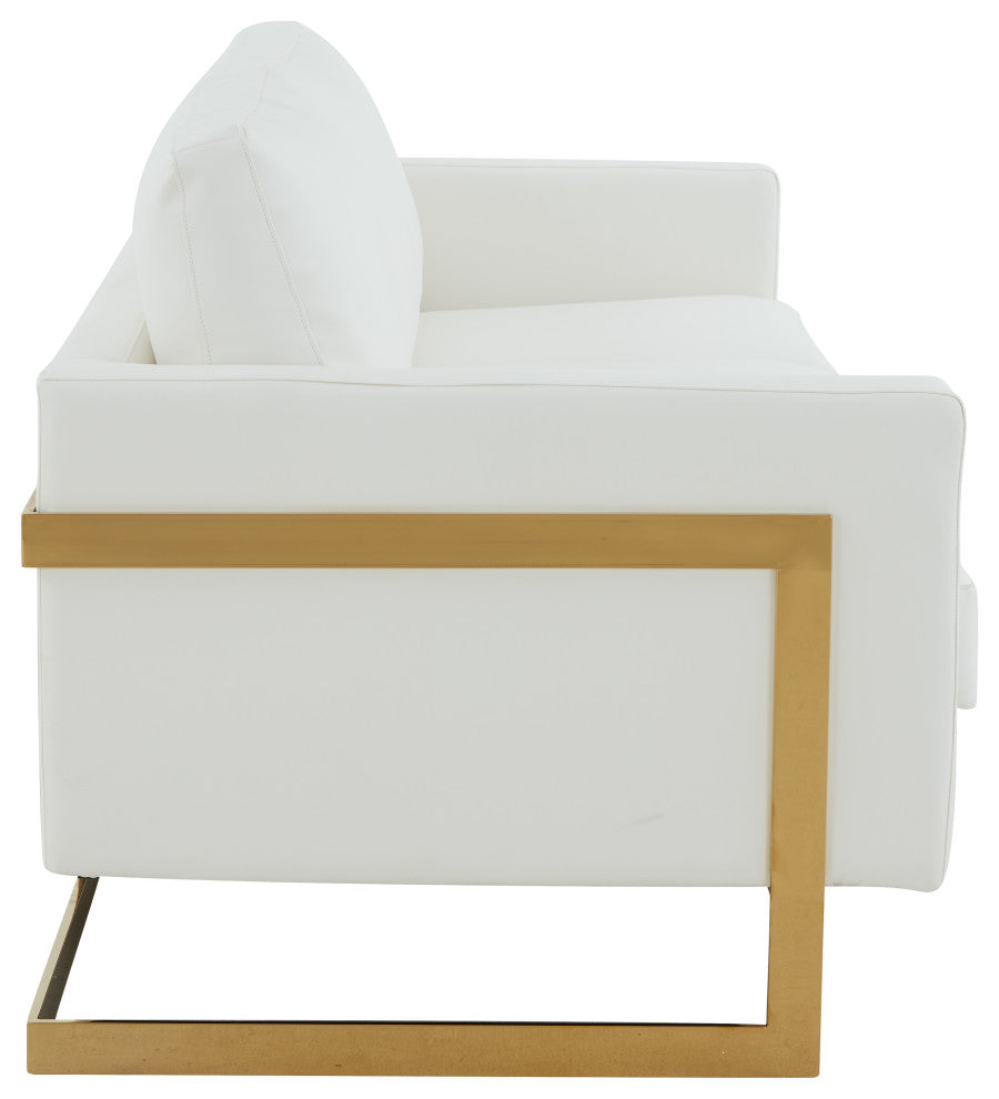 LeisureMod Lincoln Modern Leather Sofa With Gold Frame, White