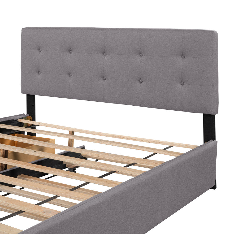 Queen Wood Frame Platform Bed with Drawers and Twin XL Trundle, Grey, Queen