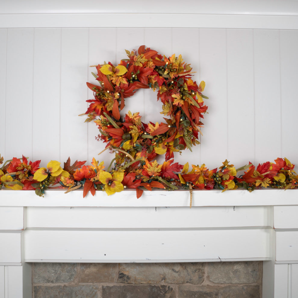 24 in. Holiday Wreath with Lights, Fall Harvest Leaf