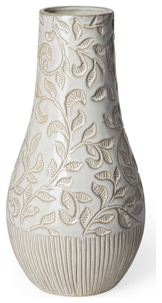 14" Carved White Ceramic Vase