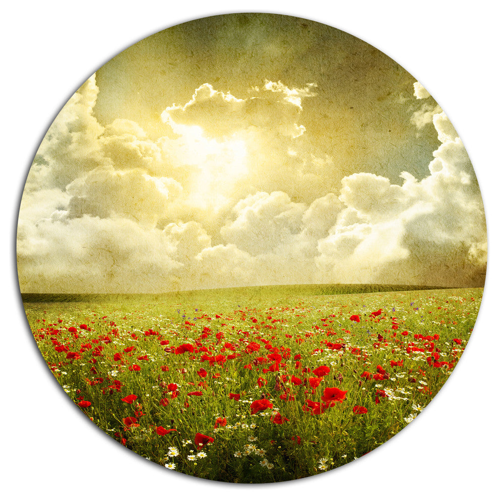 Wild Poppies On Cloudy Background, Landscape Round Wall Art, 11"