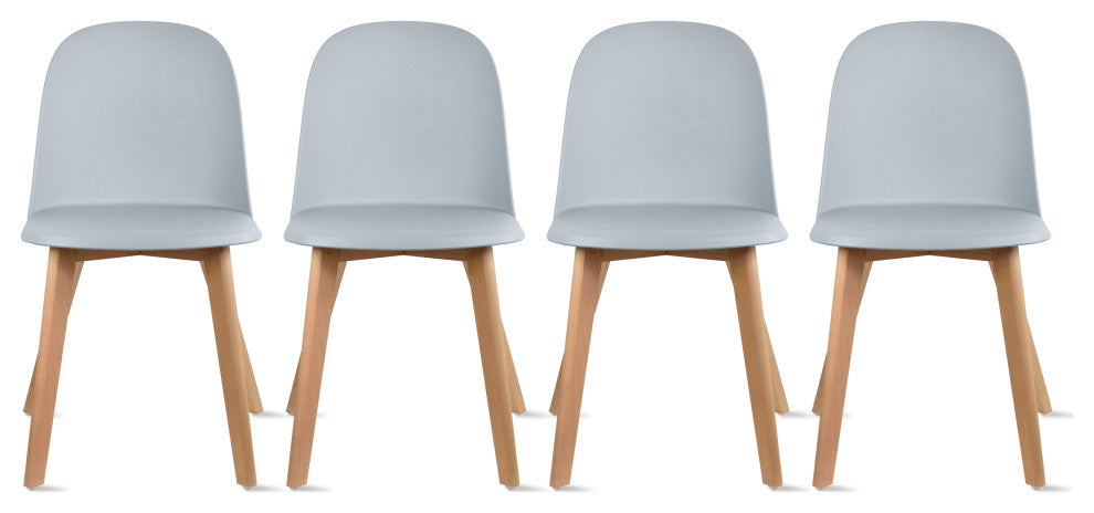 Set of 4 Modern Dining Side Chairs Molded Plastic With Round Back Wooden Legs, Gray