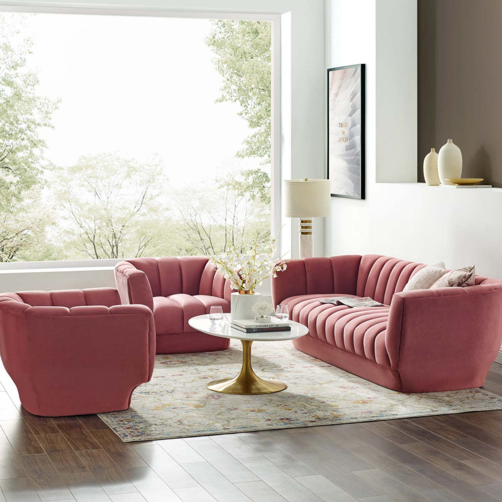 Tufted Armchair and Sofa Set, Velvet, Pink, Modern, Living Lounge Hospitality