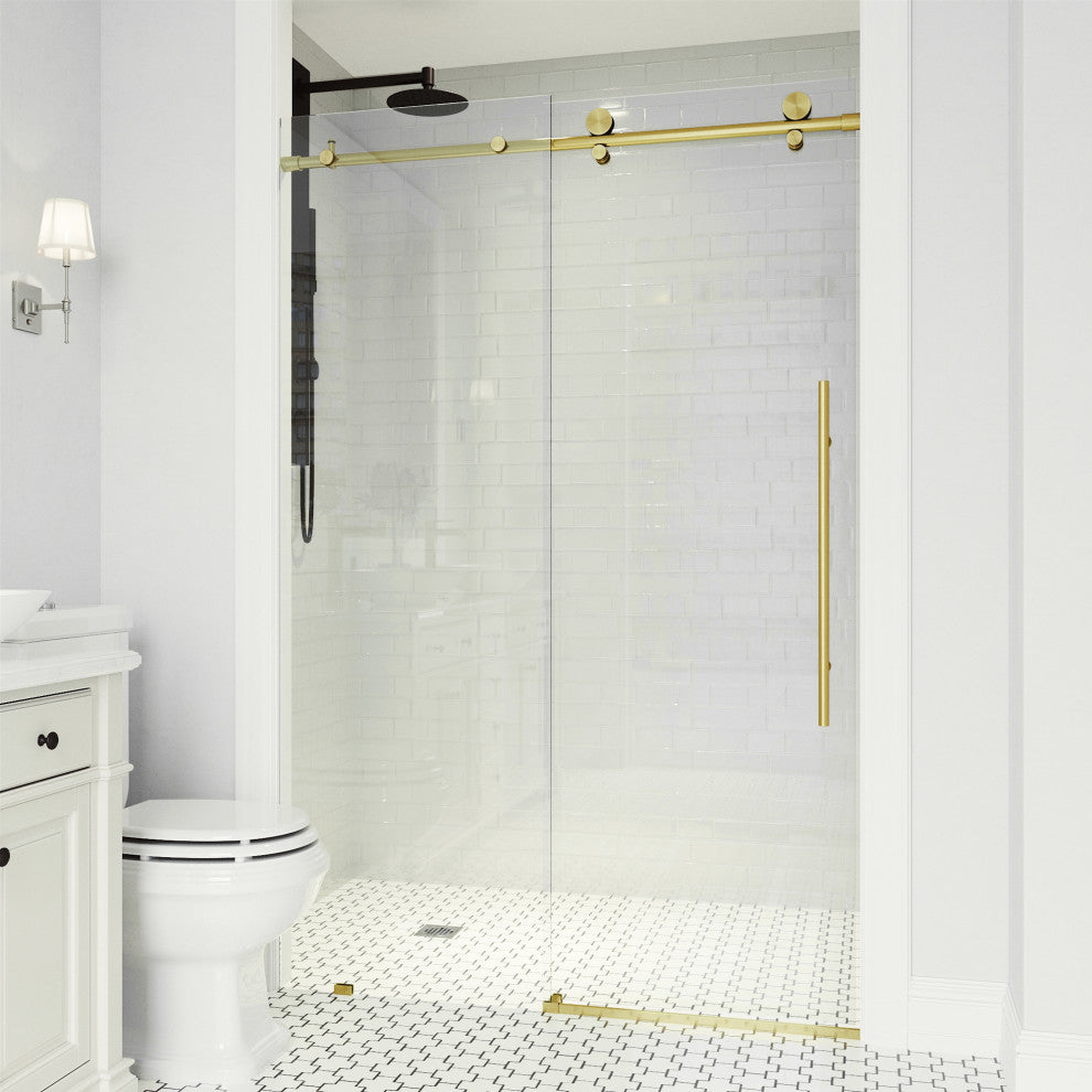 VIGO Elan E-Class 48" to 52" W x 76" H Frameless Sliding Shower Door, Matte Gold, Clear Glass