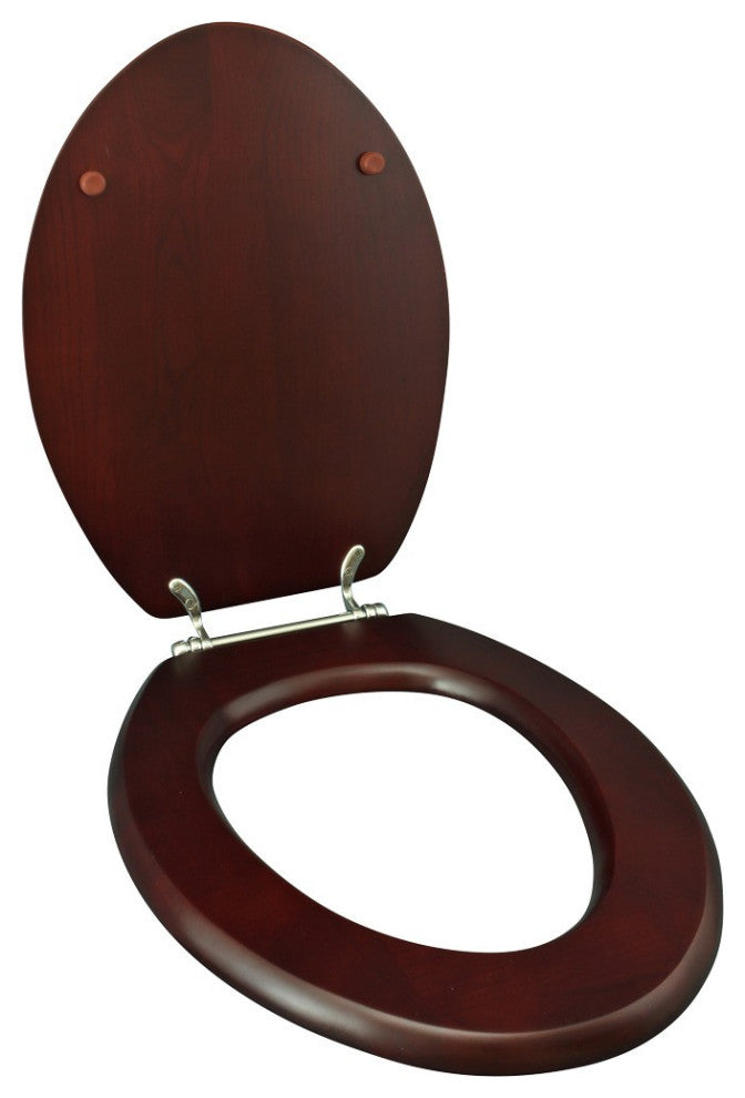 Cherry Finish Wooden Elongated Toilet Seat with Chrome Hinges and Stabilizers