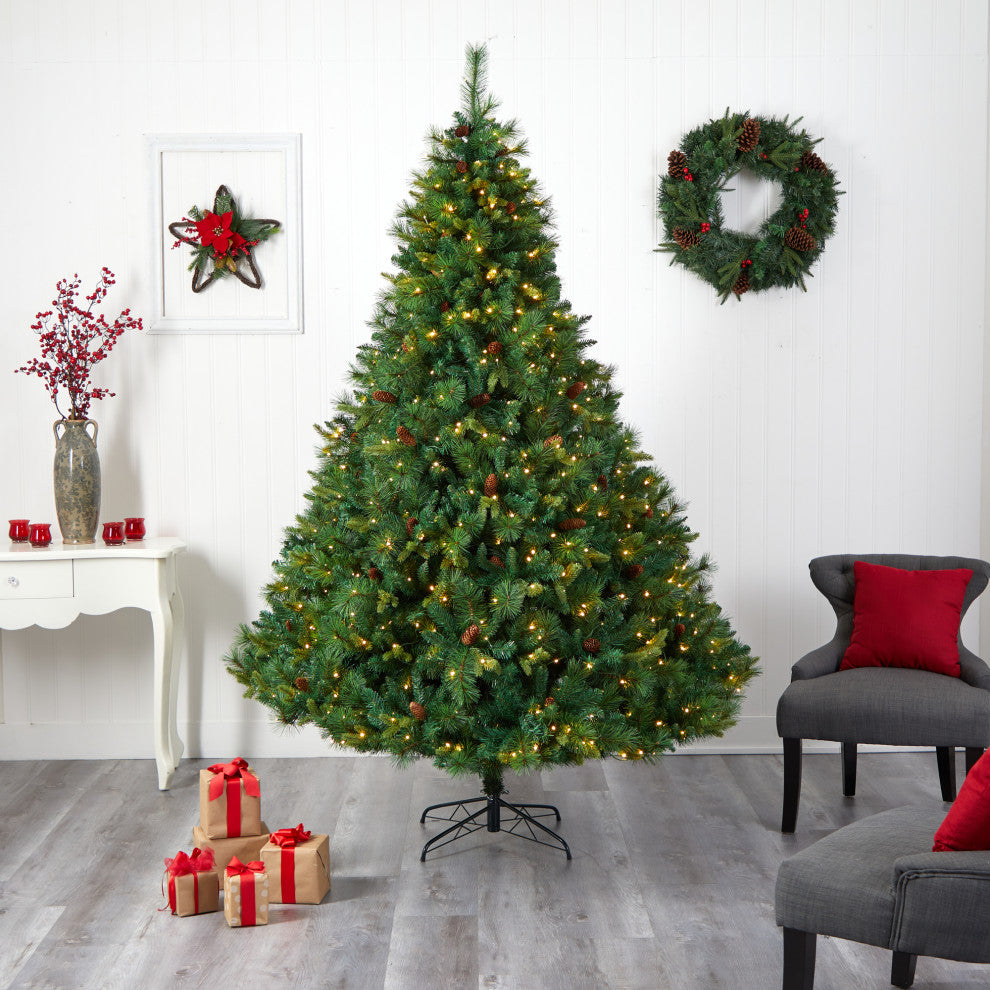 8' West Virginia Full Bodied Mixed Pine Faux Xmas Tree W/700 Lights & Pinecones