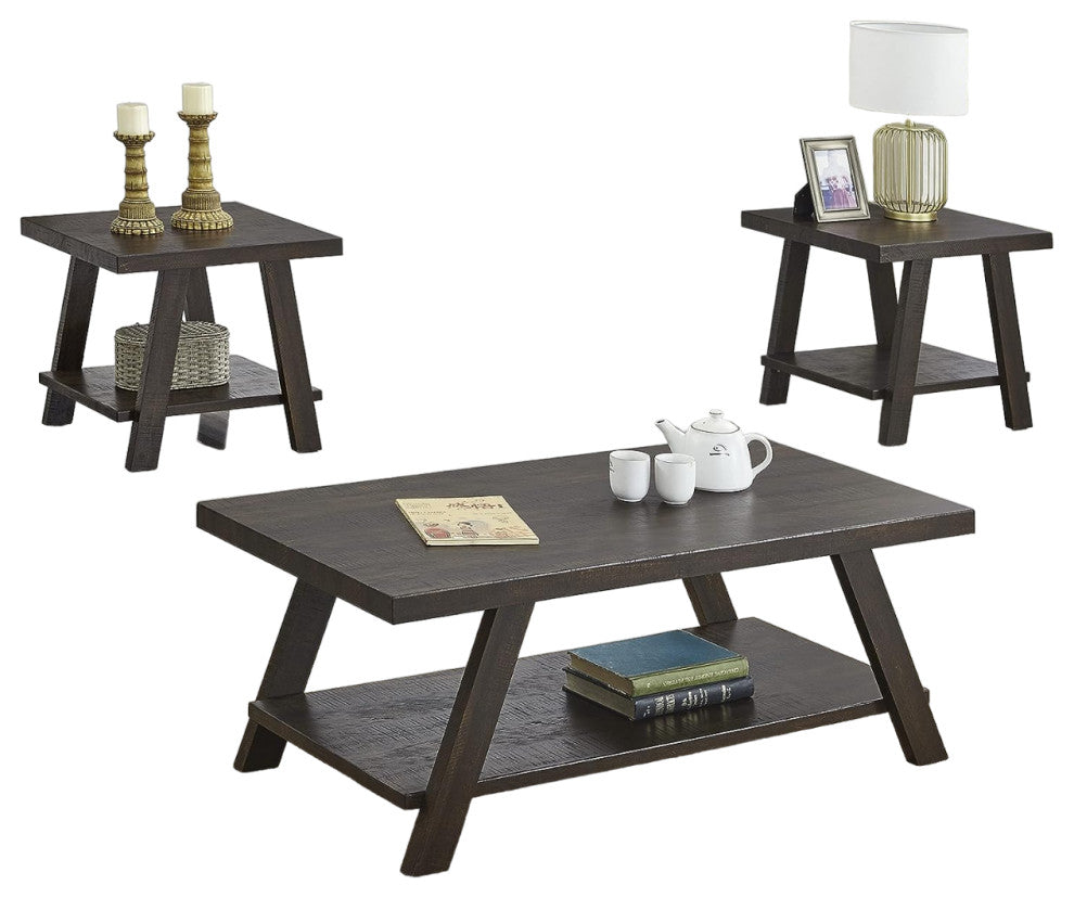 Contemporary 3-Piece Coffee Table Set with Angled Legs and Extra Storage Shelf, Espresso