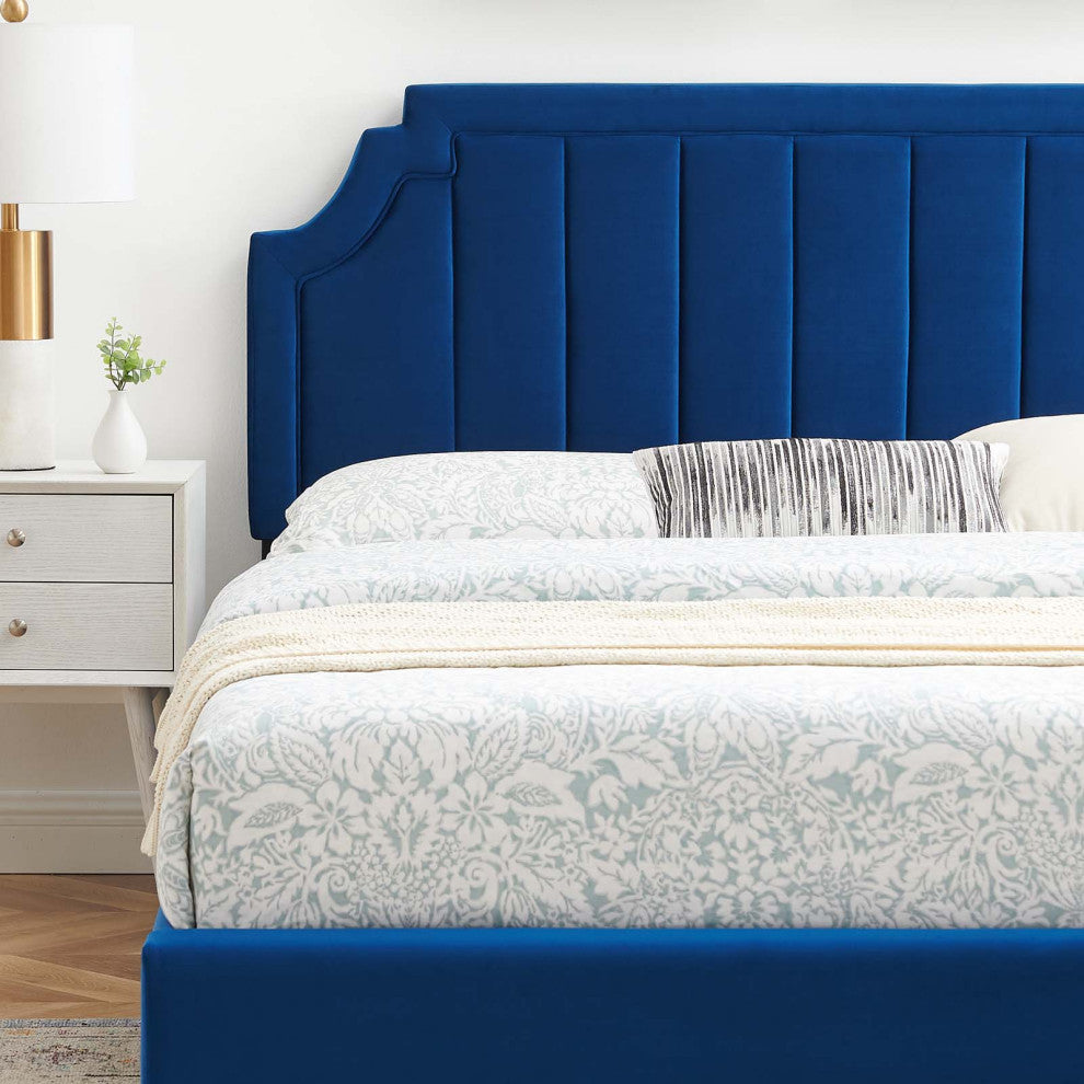Platform Bed Frame, King Size, Velvet, Blue Navy, Modern Contemporary, Bedroom