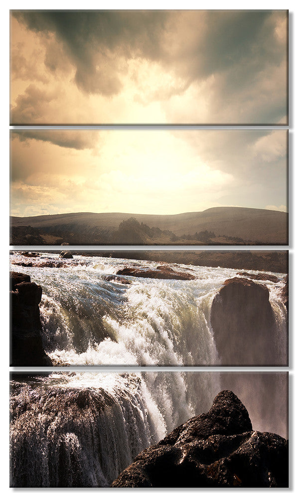 Dramatic Waterfalls in Iceland, Landscape Canvas Art Print, 28"x48", 4 Panels