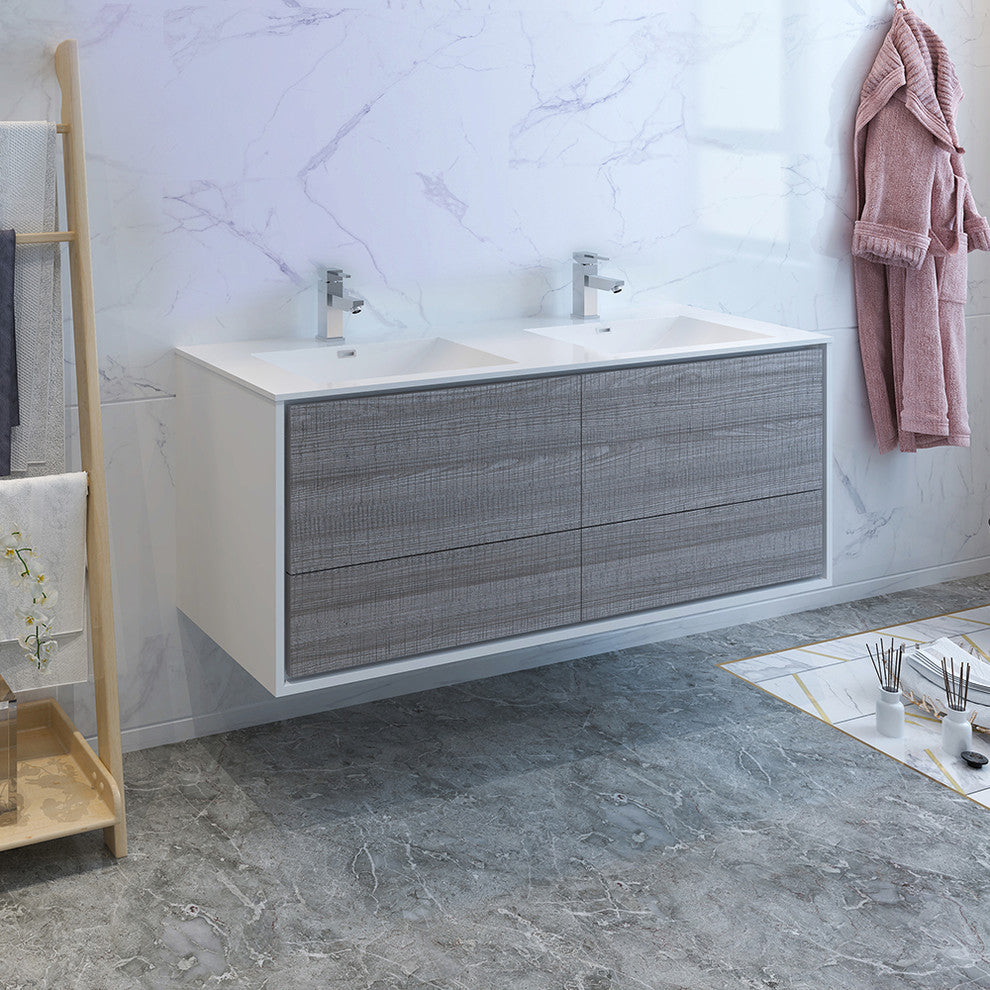 Fresca Catania 60" Gloss Ash Gray Wall Hung Cabinet With Integrated Double Sink