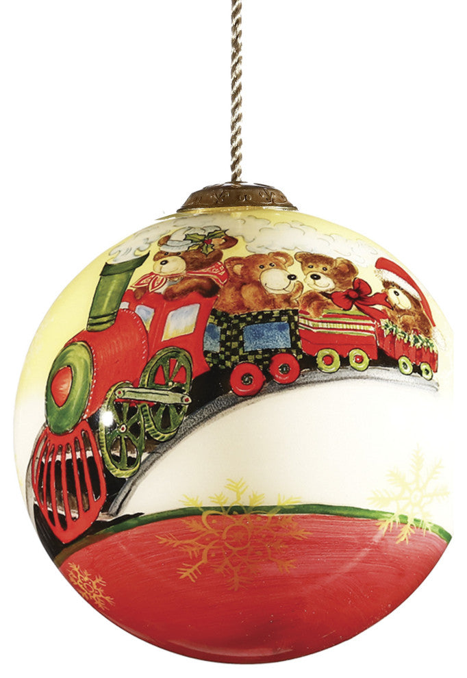 Teddy on Toy Train Hand Painted Mouth Blown Glass Ornament