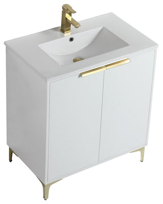 Wilmington Bath Vanity, White Matte, 30 Inch, Satin Brass Hardware