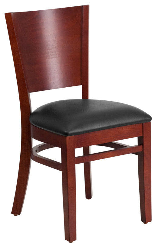Modern Solid Back Mahogany Wood Restaurant Chair, Black Vinyl Seat