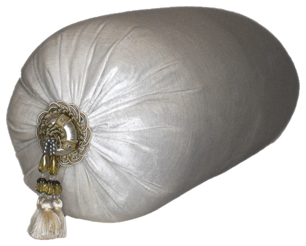 Velvet Bolster Round Roll Pillow With Tassel Trim, White, 6x18
