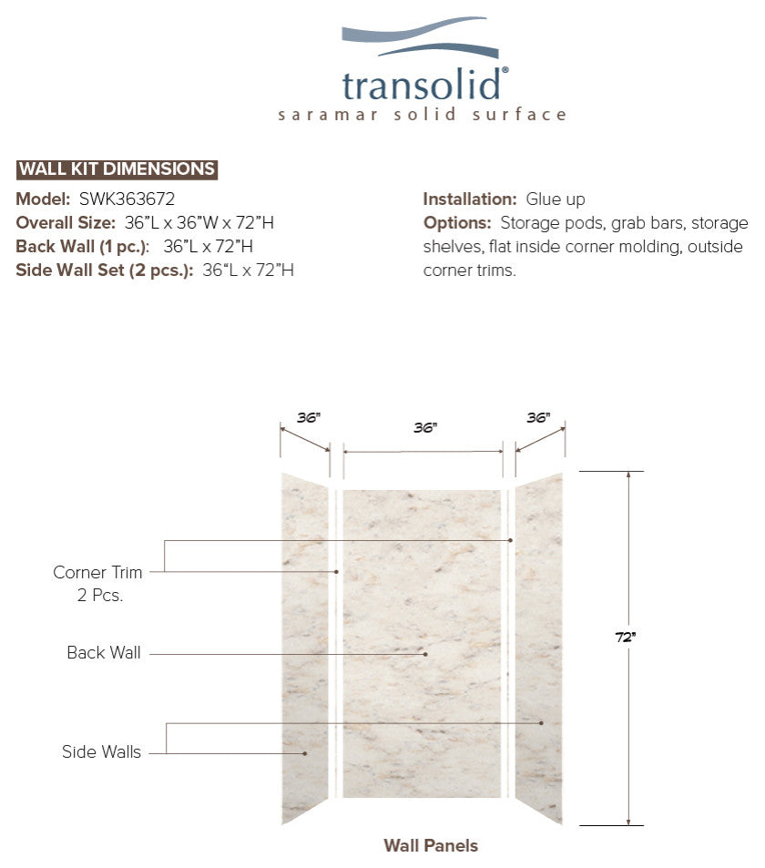 Transolid SaraMar 36"x36"x72" 3-Piece Shower Wall Kit, Biscotti Marble Velvet