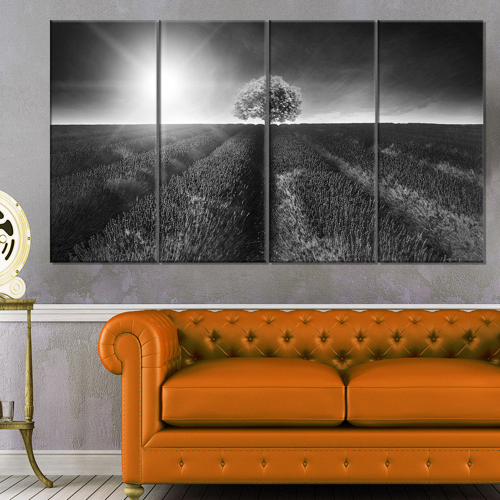 Beautiful Black White Lavender Field, Landscape Canvas Art, 48"x28", 4 Panels
