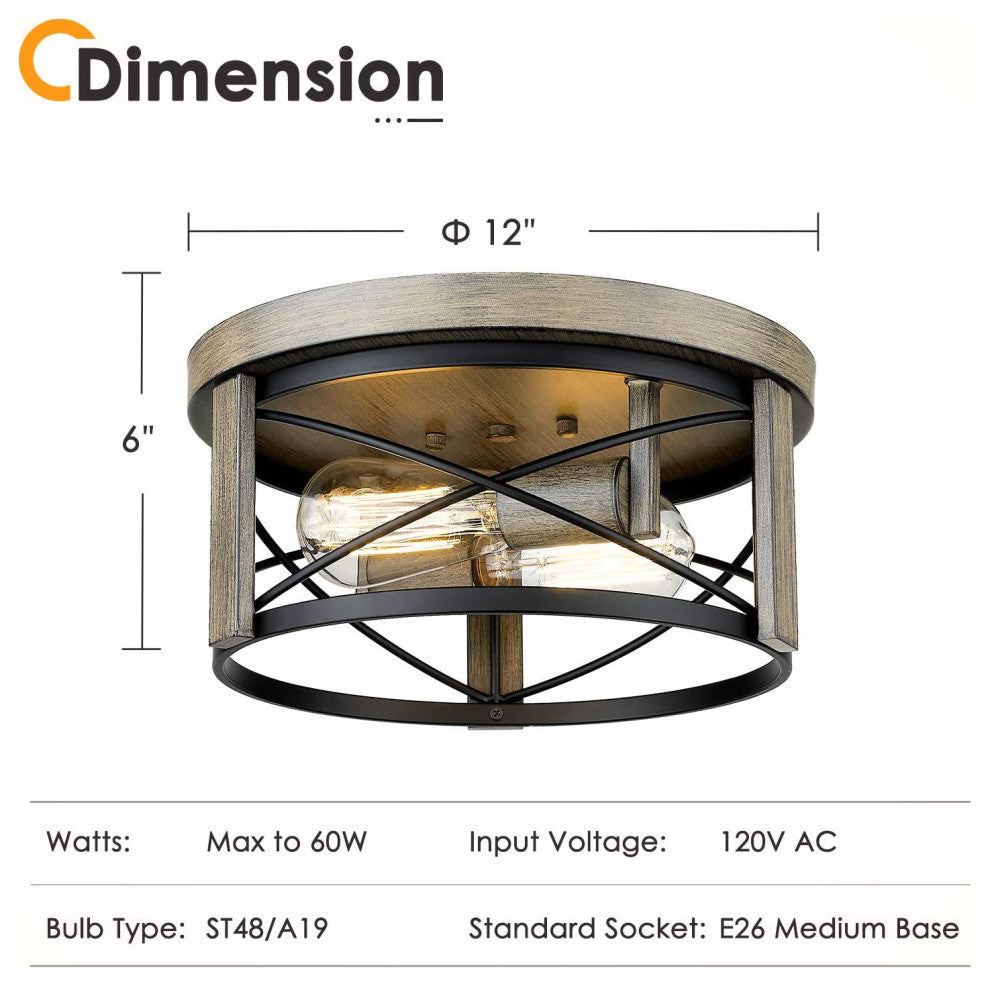 2 Light Flush Mount Light Fixture Cage Drum Wood Ceiling Lamp