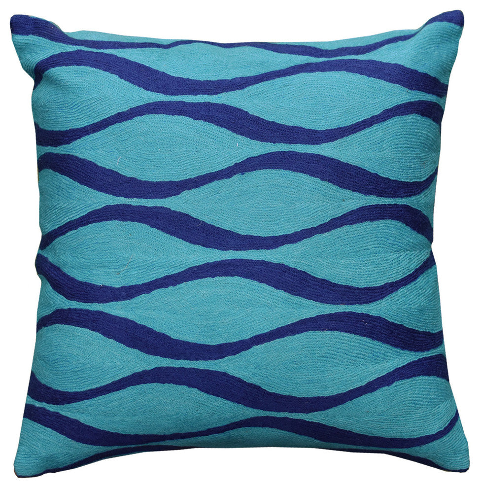 Contemporary Waves Aqua Turquoise I Decorative Pillow Cover Wool 18x18"