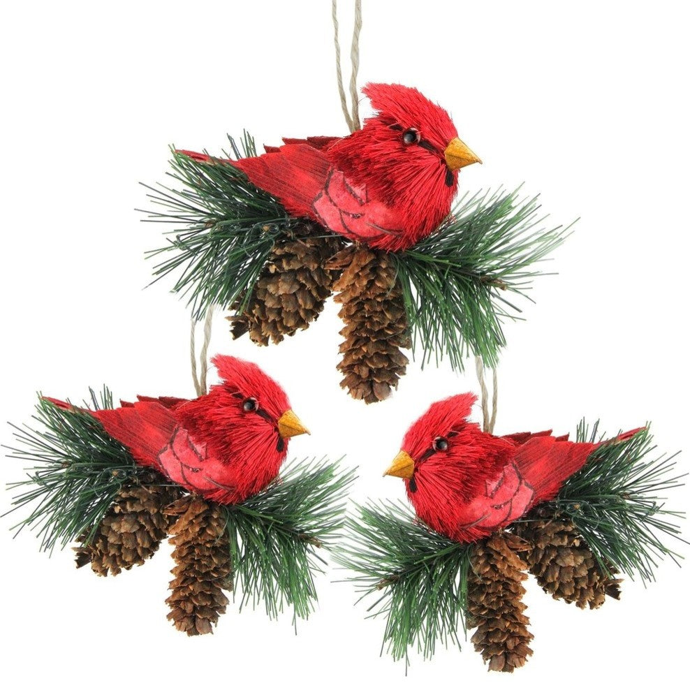 Red Cardinal Birds on Pine Cone Nest Christmas Ornaments