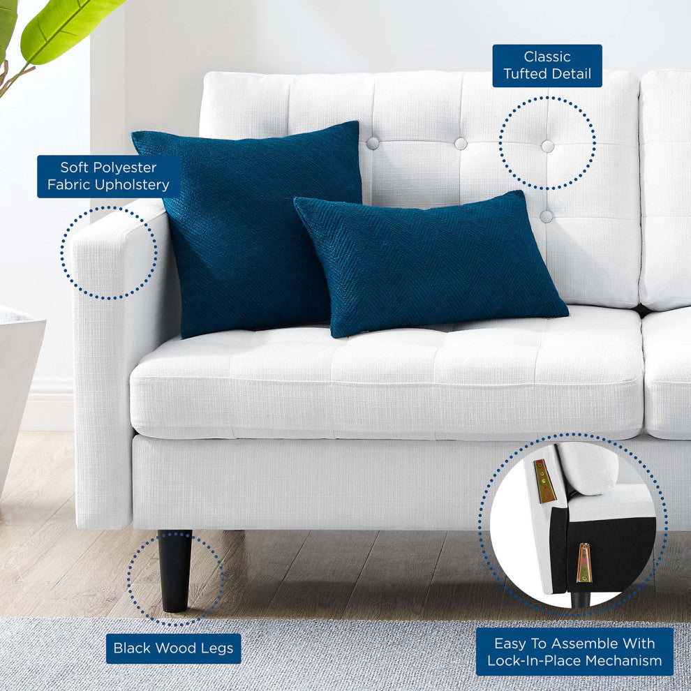 Tufted Sofa, Fabric, White, Modern, Living Lounge Room Hotel Lobby Hospitality
