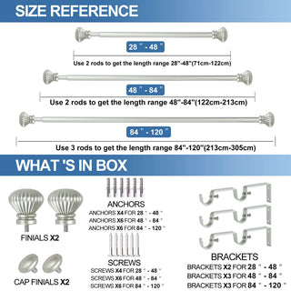 Fluted Ball Adjustable Double Curtain Rod Set, 5/8", Pewter, 48"-84"