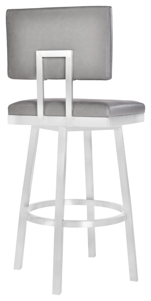 Callisto 30" Barstool, Brushed Stainless Steel and Gray Faux Leather