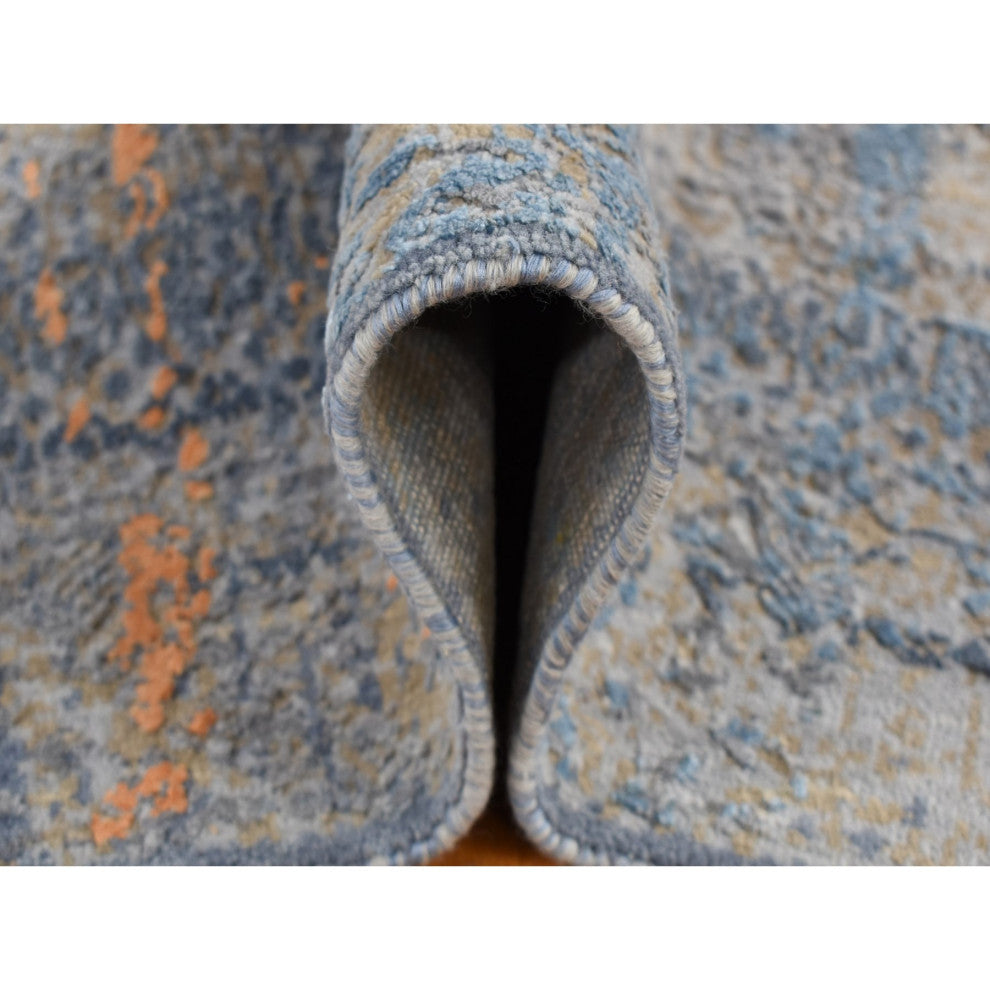 Blue Silk with Wool Tone on Tone Modern Design Hand Knotted Rug 8' x 10'