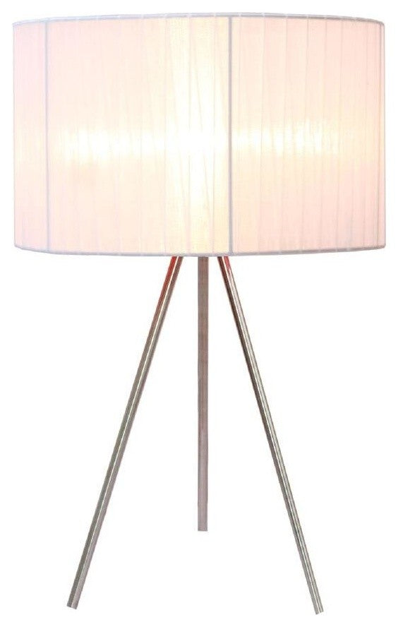 Simple Designs Brushed Nickel Tripod Table Lamp, Pleated Silk Sheer White Shade