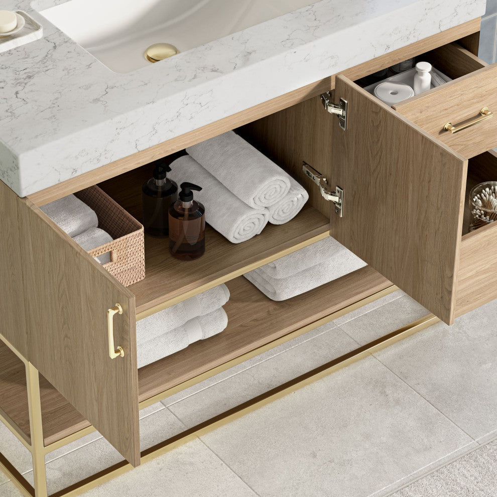 Bahia Bath Vanity, Oak, 42", Brushed Gold Hardware, Single, Freestanding