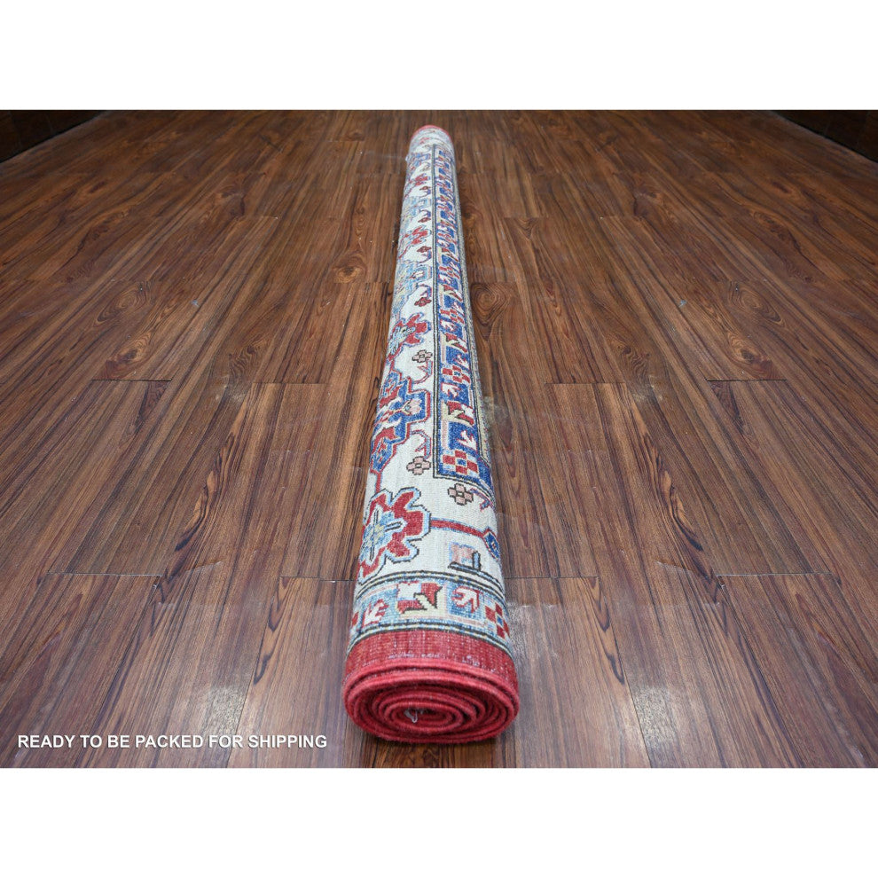 Rufous Red Wool Afghan Super Kazak Geometric Elements Hand Knotted Rug 6'9"x9'9"