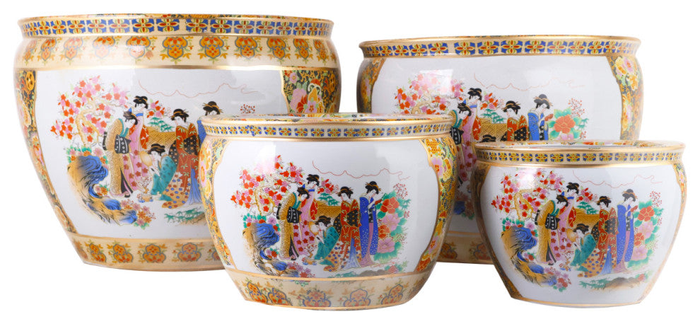 Chinese Porcelain Fish Bowl Planter, Satsuma Geishas, 8"