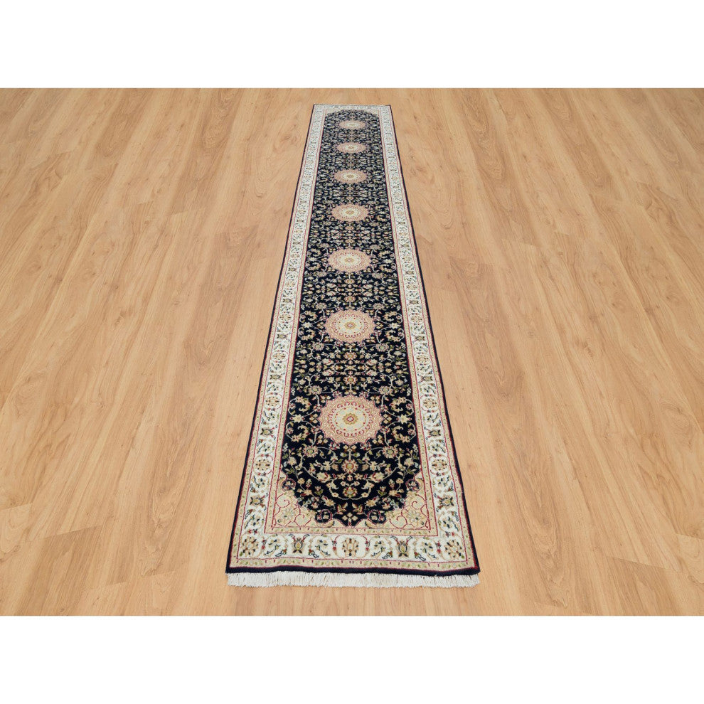 Midnight Blue Nain Design 250 KPSI Wool Hand Knotted XL Runner Rug 2'8"x15'10"