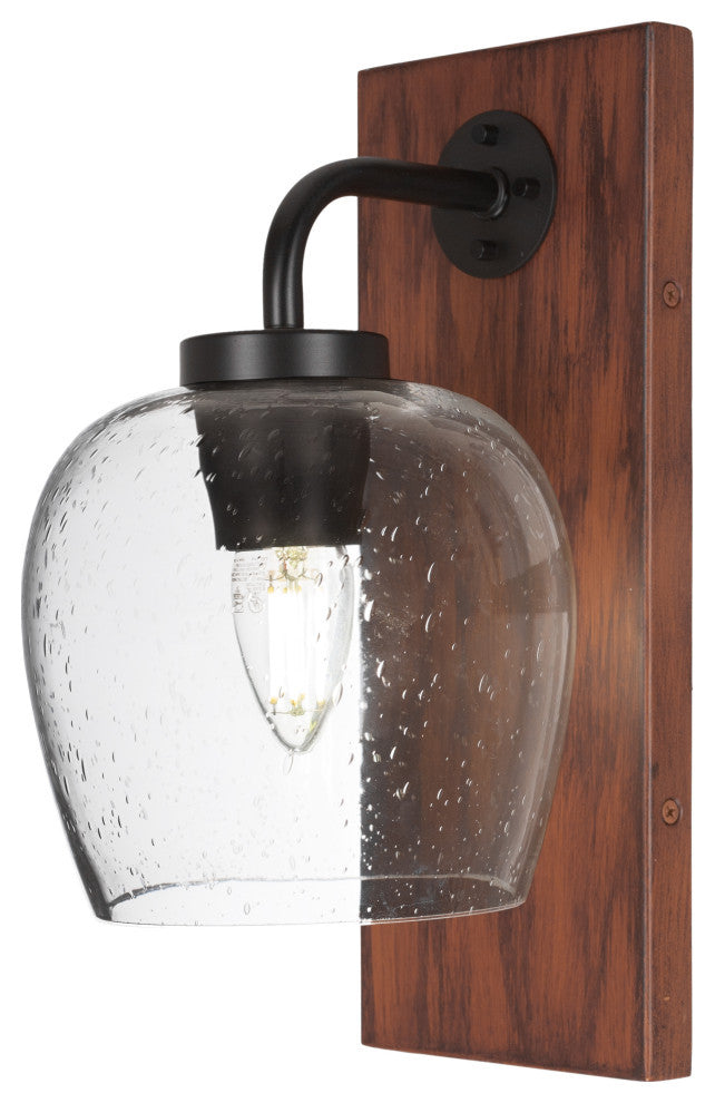 Oxbridge 1-Light Wall Sconce, Matte Black & Painted Wood-look Metal/Clear Bubble