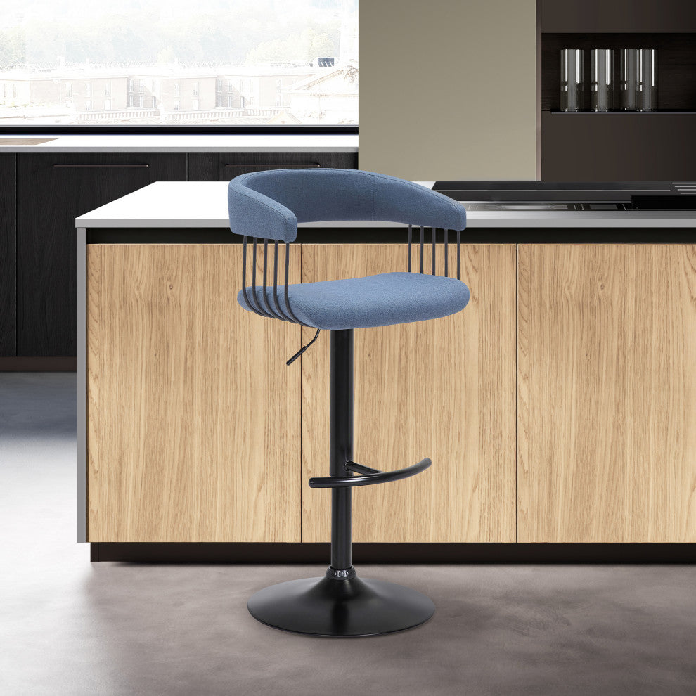 Calista Adjustable Bar Stool, Blue Fabric With Black Metal, Blue