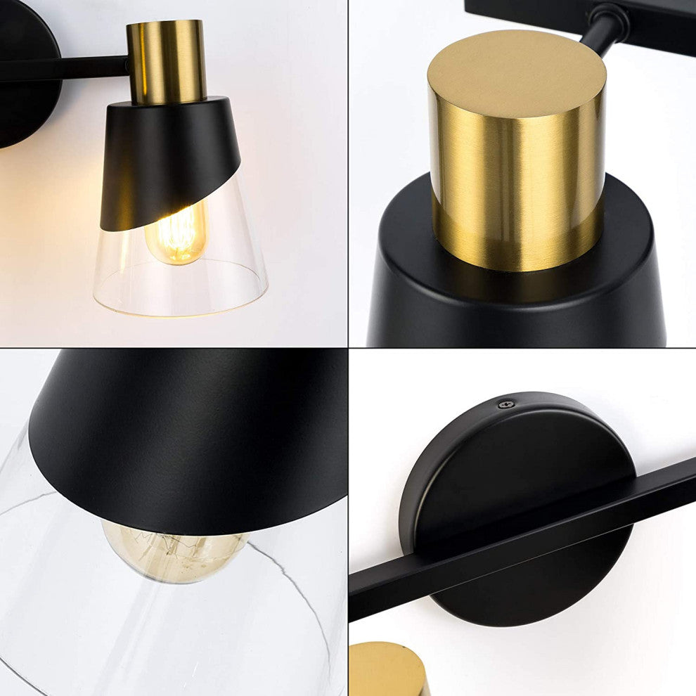3 Lights Vanity Wall Lightfixture Black and Gold Glass Wall Lighting